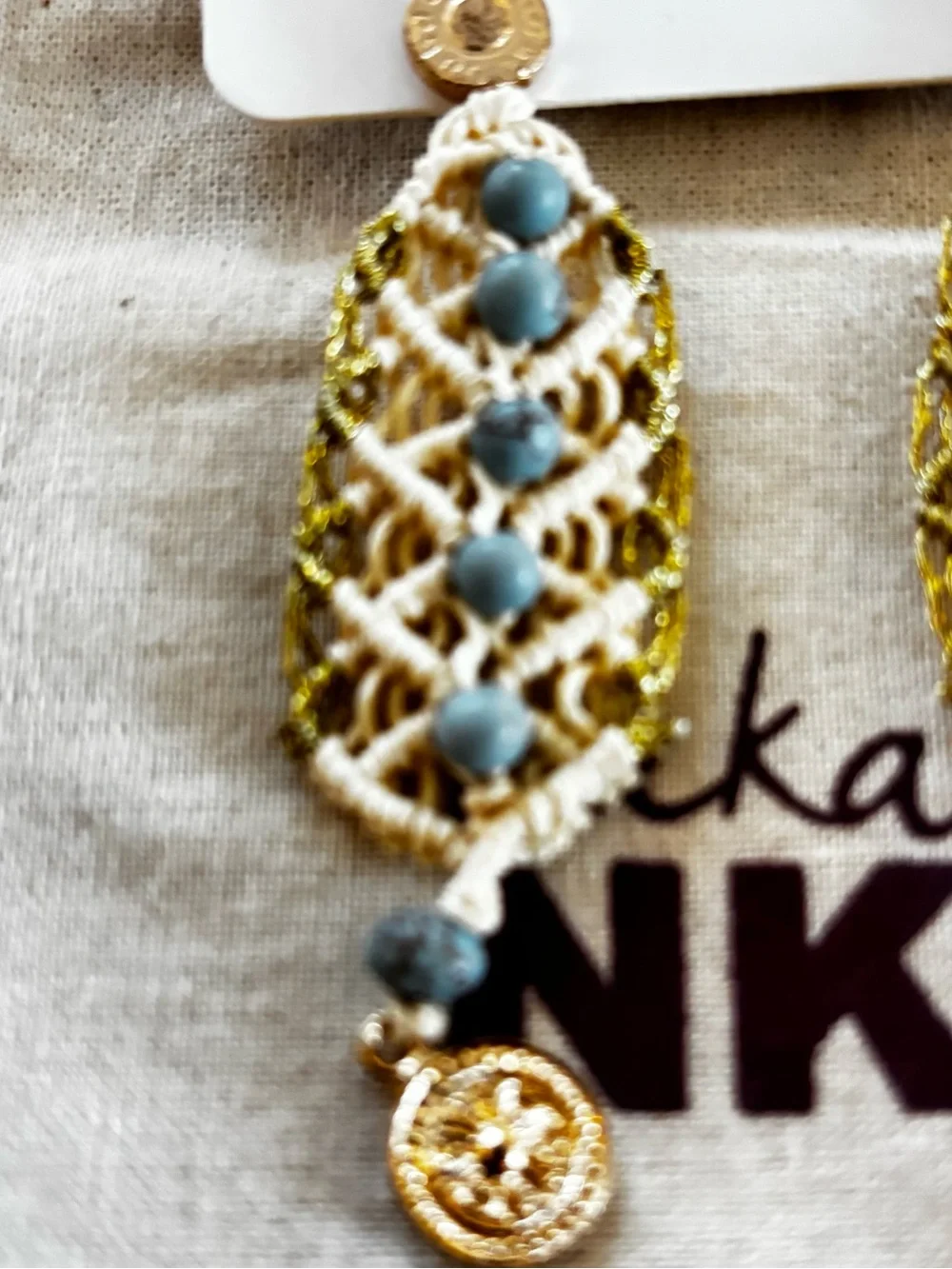 NWT NKN Nekane Kant Boho Macrame Dangle Earrings Turquoise Beads Gold